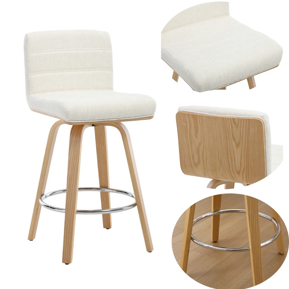 Pair of Contemporary Bar Stools Featuring Backs, Rotating Counter-Height Design, Upholstered Fabric for Kitchen Islands, Sturdy Wooden Legs, Ideal for Home Kitchens And Pubs