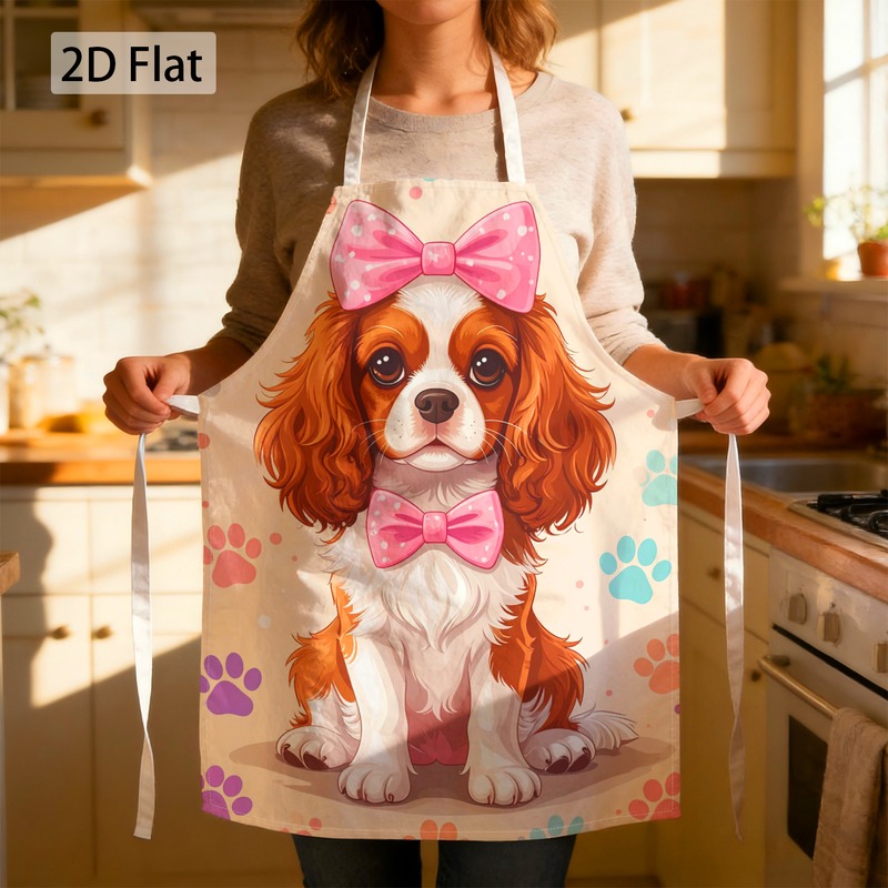 TEMU 1pc Cute Dog Lover Graphic Chef Apron, King Charles Spaniel, Bows, , Print, Adorable, 27 X 22 Inches (68 X 55 Cm) Easy Apron Pattern Unisex