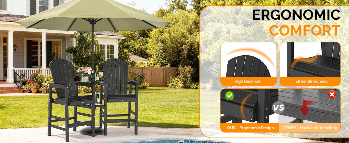 2pcs High-legged Adirondack Chair Set, All-weather High-density Polyethylene (HDPE) Bar Stool, Outdoor Chair with Double Tray and Parasol Opening, Suitable for Balconies, Poolside, Backyards, and Patios.