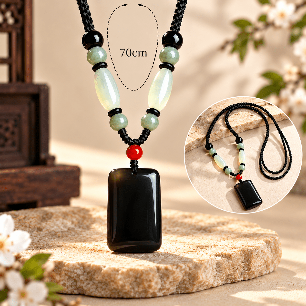 Obsidian Plain Pendant Necklace, Unisex Vintage Design