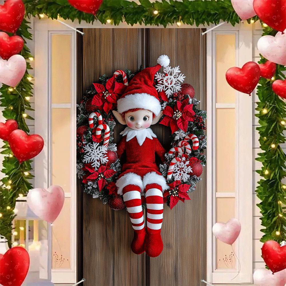 

1pc Christmas Elf Wreath, 39x59 Inch Polyester Fabric Door Hanging, 2d Print Holiday Wall Decor, No Electricity Needed, For Christmas, New Year, Easter, Valentine's Day