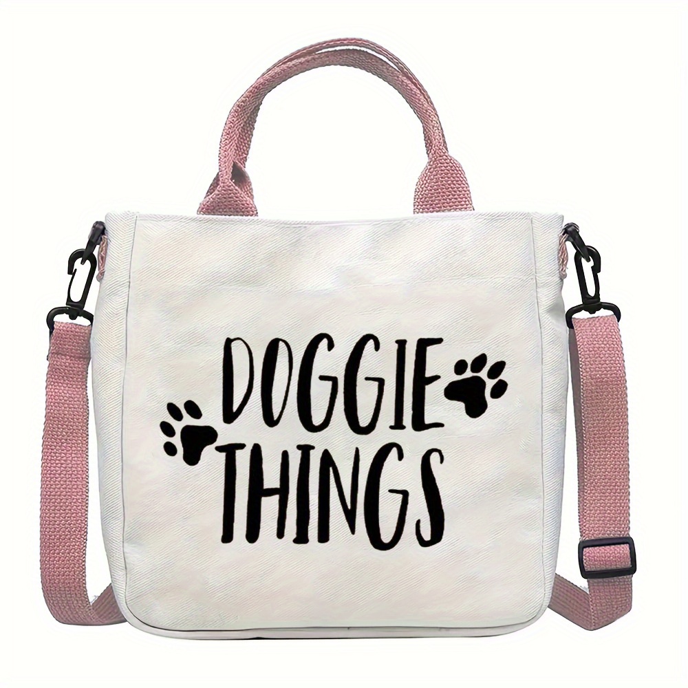 TEMU Essential For Dog Lovers: "doggie Things" Cute Print Crossbody Bag With Detachable Strap â Stylish White Polyester Tote, Perfect For Work, Dail