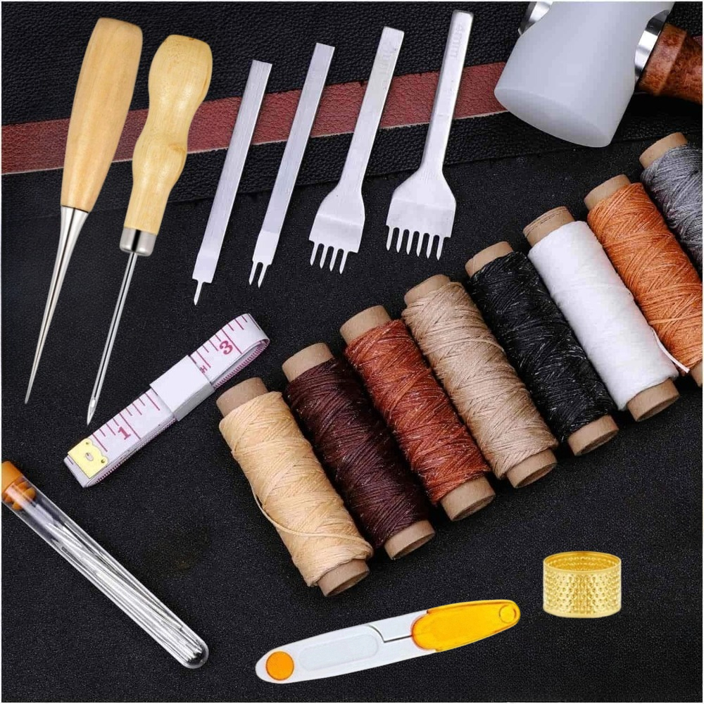 TEMU 34pcs Leather Sewing Tools 4mm Stitching Prong Punch, Color Waxed Threads, Awl, Leather Sewing Piercing Tool, Sewing Thimble, Measuring Tape And