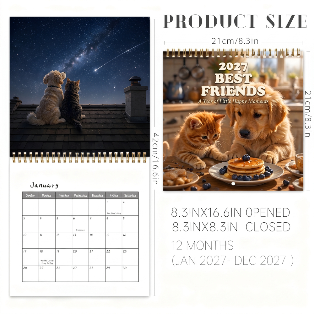 TEMU Calendrier mural année complète 2027 avec photos de chiots et chatons mignons, convient pour le An, cadeaux d'anniversaire, dates en grande,