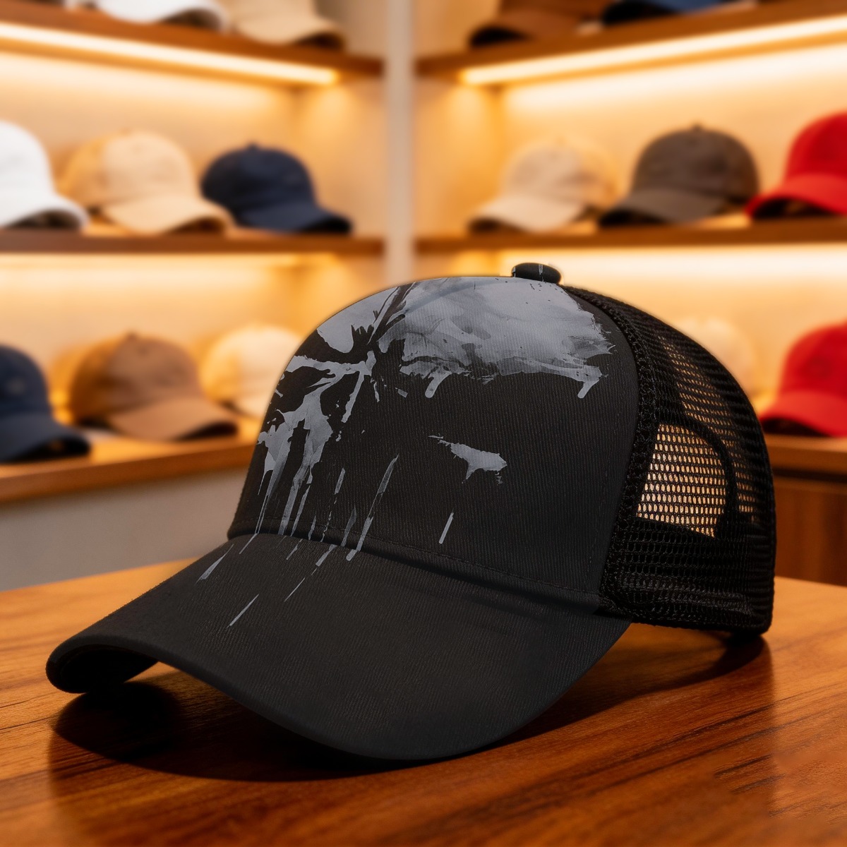 TEMU 1pc Gothic Skull Drip Art Baseball Cap - Lightweight Polyester Duckbill Hat With Mesh Panel & Closure, Gothic Print Suitable For Outdoor, Casual