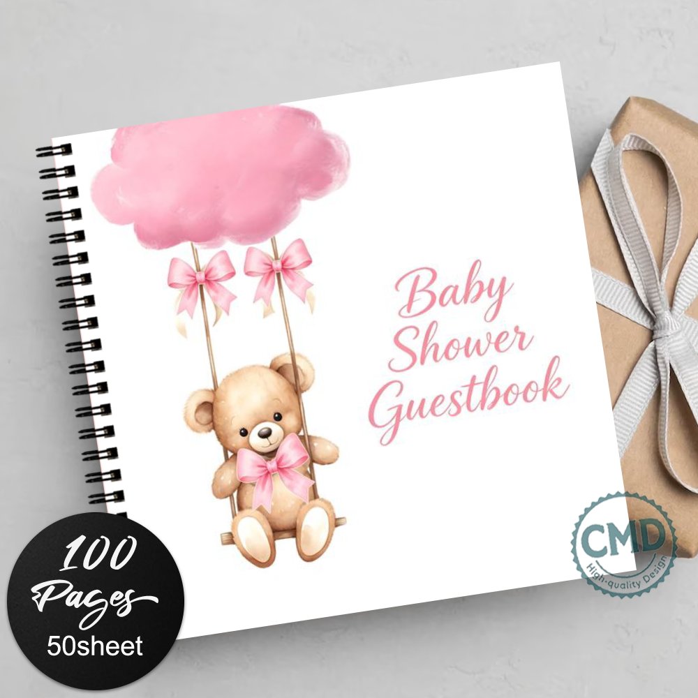 TEMU 1pc Guestbook For Baby Shower, Wedding & Events With Pink Cloud Teddy Bear On Swing – Register For Receptions, Anniversaries, Graduations,