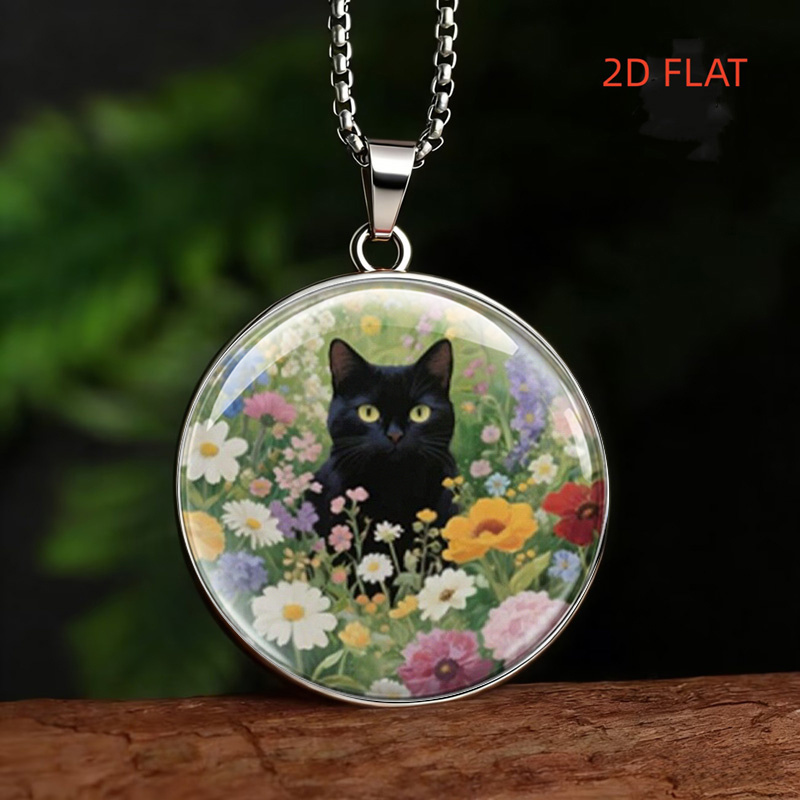 TEMU Black Cat In Wildflowers Round Pendant Necklace Unisex Versatile Daily Accessory Cute Animal Jewelry For Casual Wear Perfect Gift For Pet Lovers