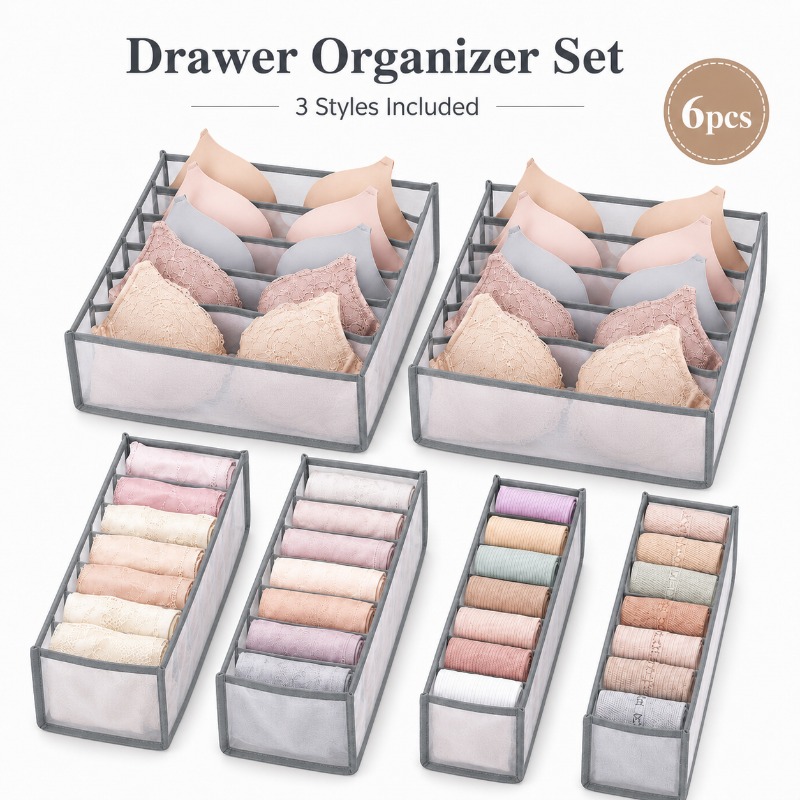 TEMU 6pcs Multi-grid Mesh Underwear Drawer Organizer Set, Foldable Visible Storage Divider Bins For Bras, Panties, Socks, Compact Closet & Wardrobe