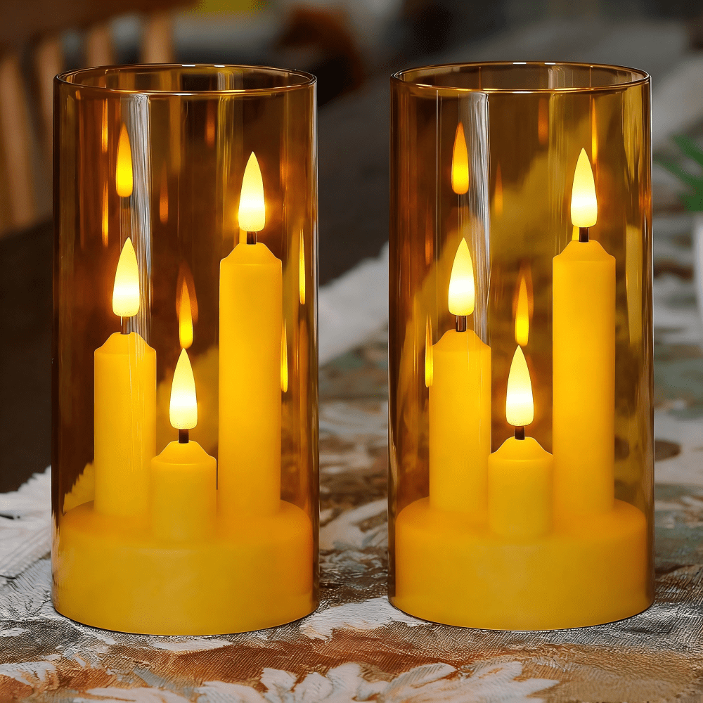 TEMU 2pcs Led Flickering Pillar Candles, Three-wick Flameless Led Pillar Candles, Golden Gray Realistic Flickering Battery Powered Led Candle Set,