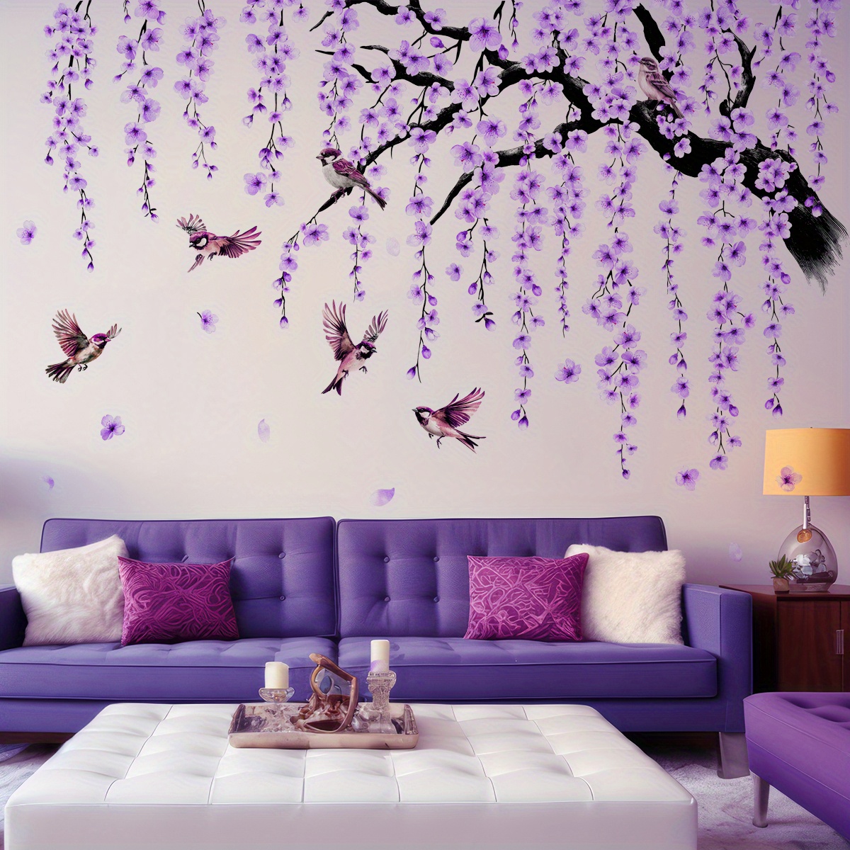 Image of 4 Birds Purple Peach Tree Branches Wall Background Wall Home Decoration Wall Chinese Style Self-adhesive Stickers