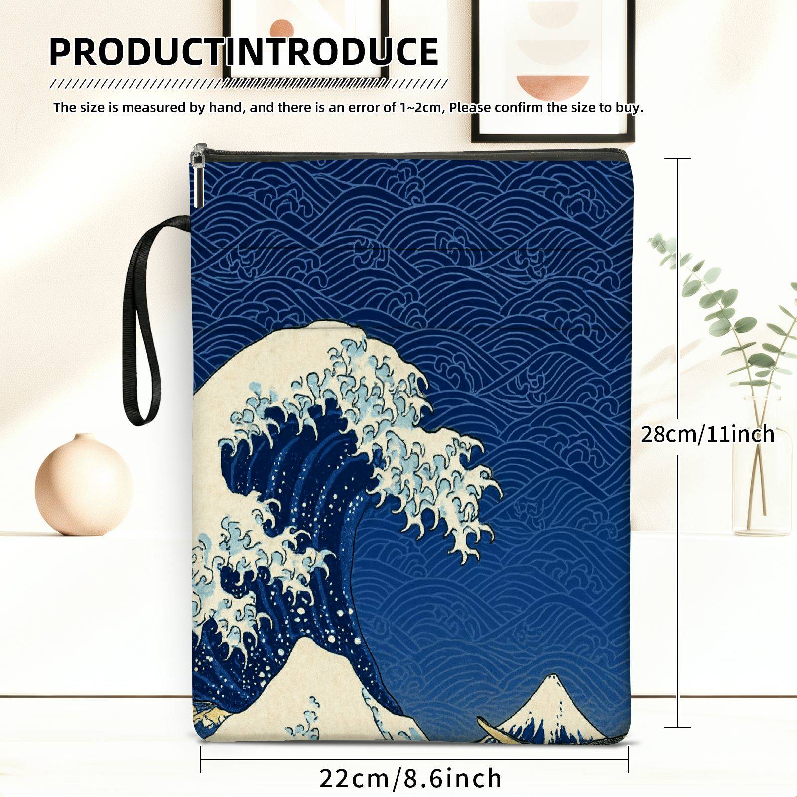 TEMU 1pc Japanese Wave Print Book Cover & Storage Bag With Zipper Closure - Front Pocket Suitable For Students, Teachers, Office Supplies, Book
