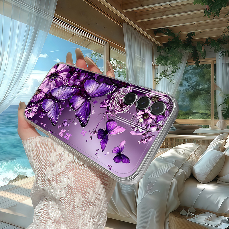 Husă Telefon - Husă Telefon cu Floare și Fluturi Violet pentru Samsung Galaxy A03S A04 A05S A06 A07 A13 A14 A15 A16 5G A17 A22 A23 A24 A25 A26 A32 A34 A35 A36 A37 A52 A53 A54 A55 A56 A57 S21 Ultra S22 Plus S23+ S24 FE S25 S26, Model Desene Animate, Transparentă, Anti-cădere, Acoperire Completă