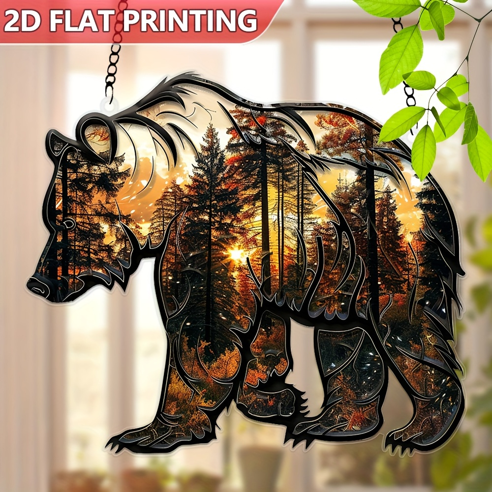 TEMU 2d Flat, 2d Plane- [2d Plane] Cute Bear And Forest Sunset Acrylic Sun Catcher (7.8 "x9")-vibrant Window Hanging Decoration With Stained Bear,