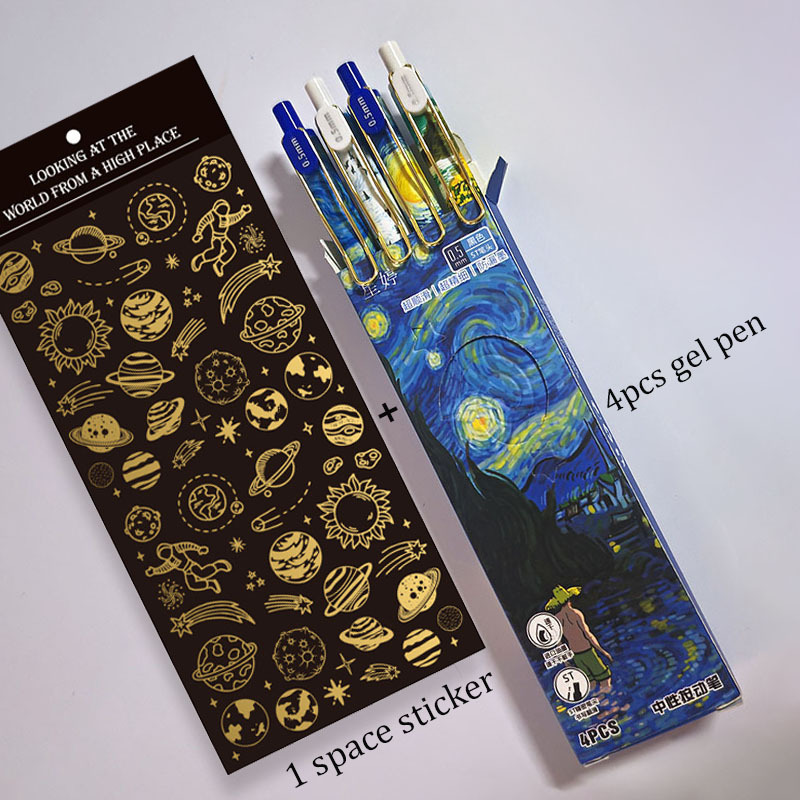 TEMU Van Gogh Starry Night Gel Pen Set, 4pcs 0.5mm St Tip Fine Point Black Ink Pens, Cute Aesthetic Pens With Space Hot Stamping Sticker For School