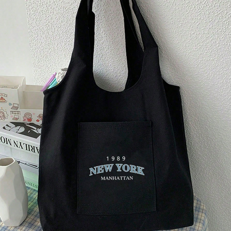 

1pc Vintage-inspired 1989 New Letter Print Canvas Tote Bag, No-closure Shoulder Bag With , Hand Washable Material, Preppy Book Bag For Women