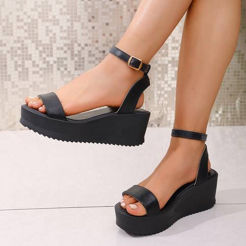 artikel foto minimalistische zwarte sleehak sandalen, dames enkelbandjes gesp platform romeinse schoenen, outdoor hoogte verhogende casual sandalen, dames schoenen