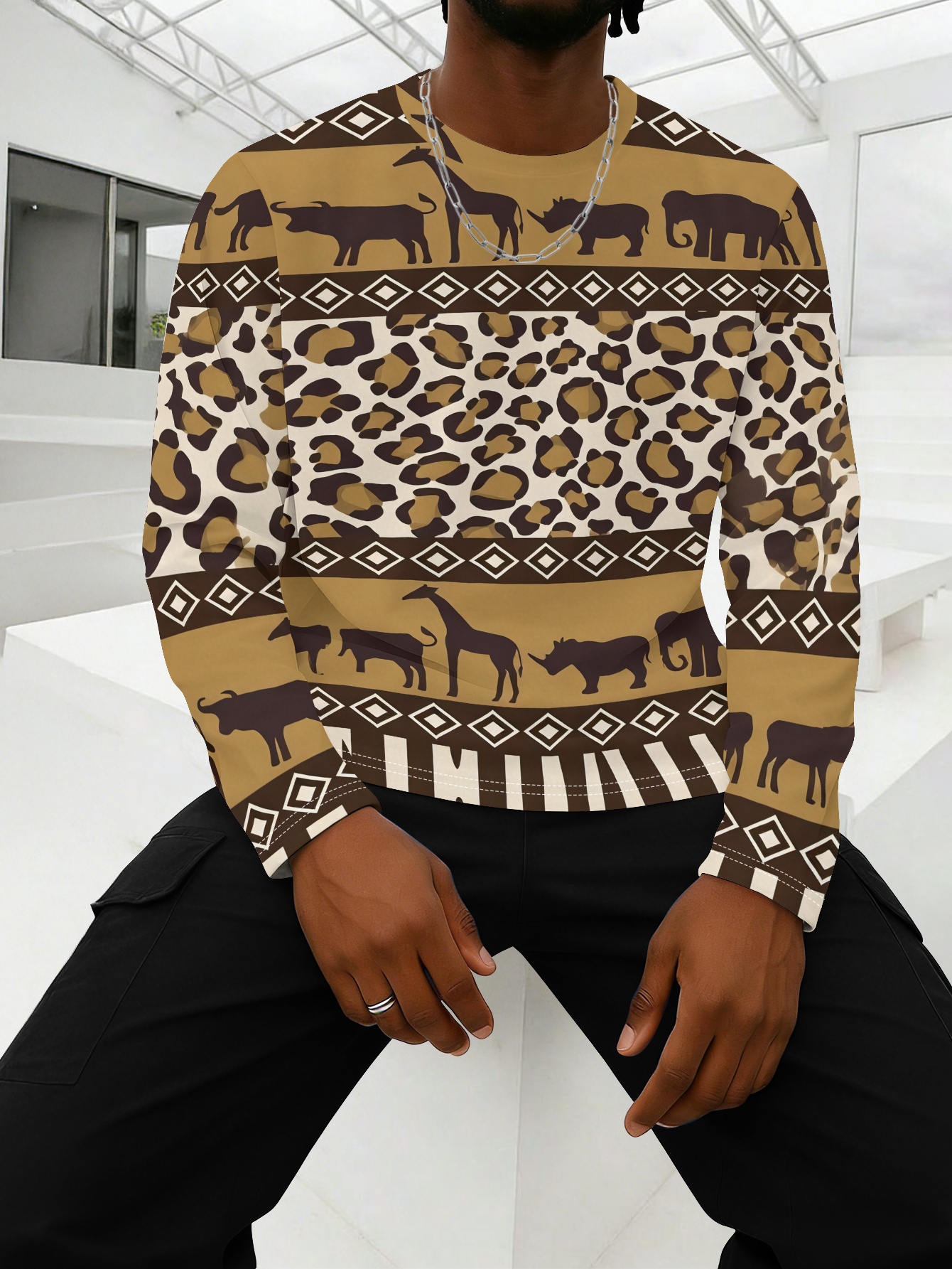 camiseta de   larga para hombre, estampado de animales africanos, corte regular casual, top   y a  , ropa   de moda para hombre,   transfronteriza
