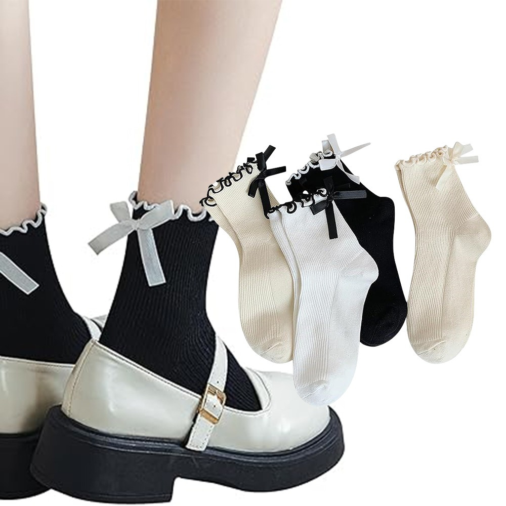 

4 Pairs Women’s Cute Ruffle Bow Ankle Socks - Soft , Comfortable Crew Socks For All , Black & White With Lace Trim, Casual Outfits