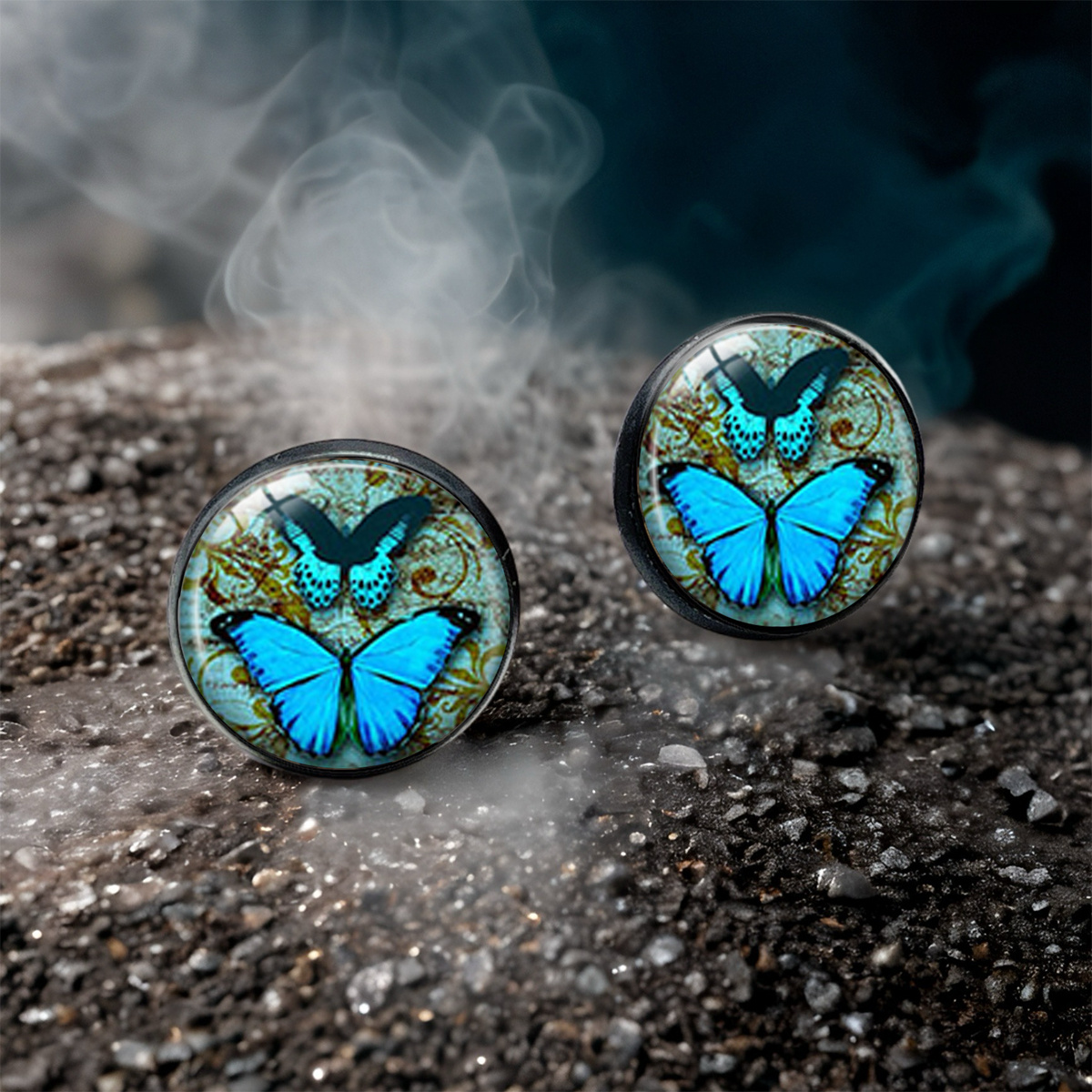 Vintage European Scroll Pattern Large Blue Butterfly Stud Earrings