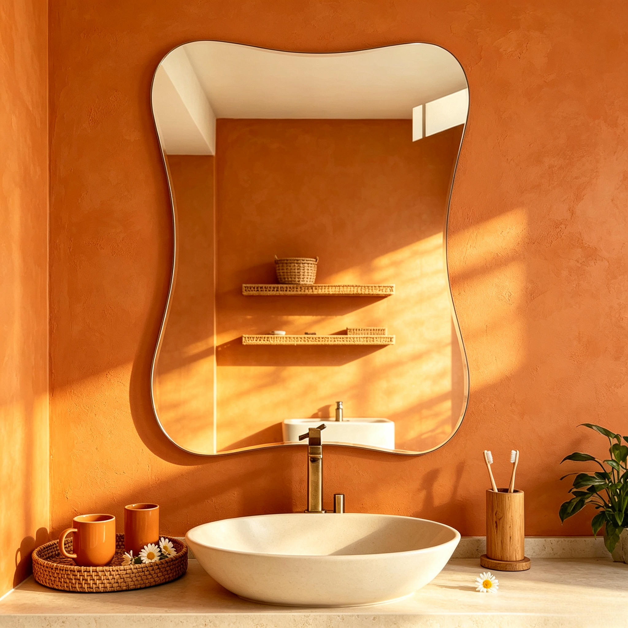 Acrylic Wall Mirror for Bathroom, Irregular Wave Frameless