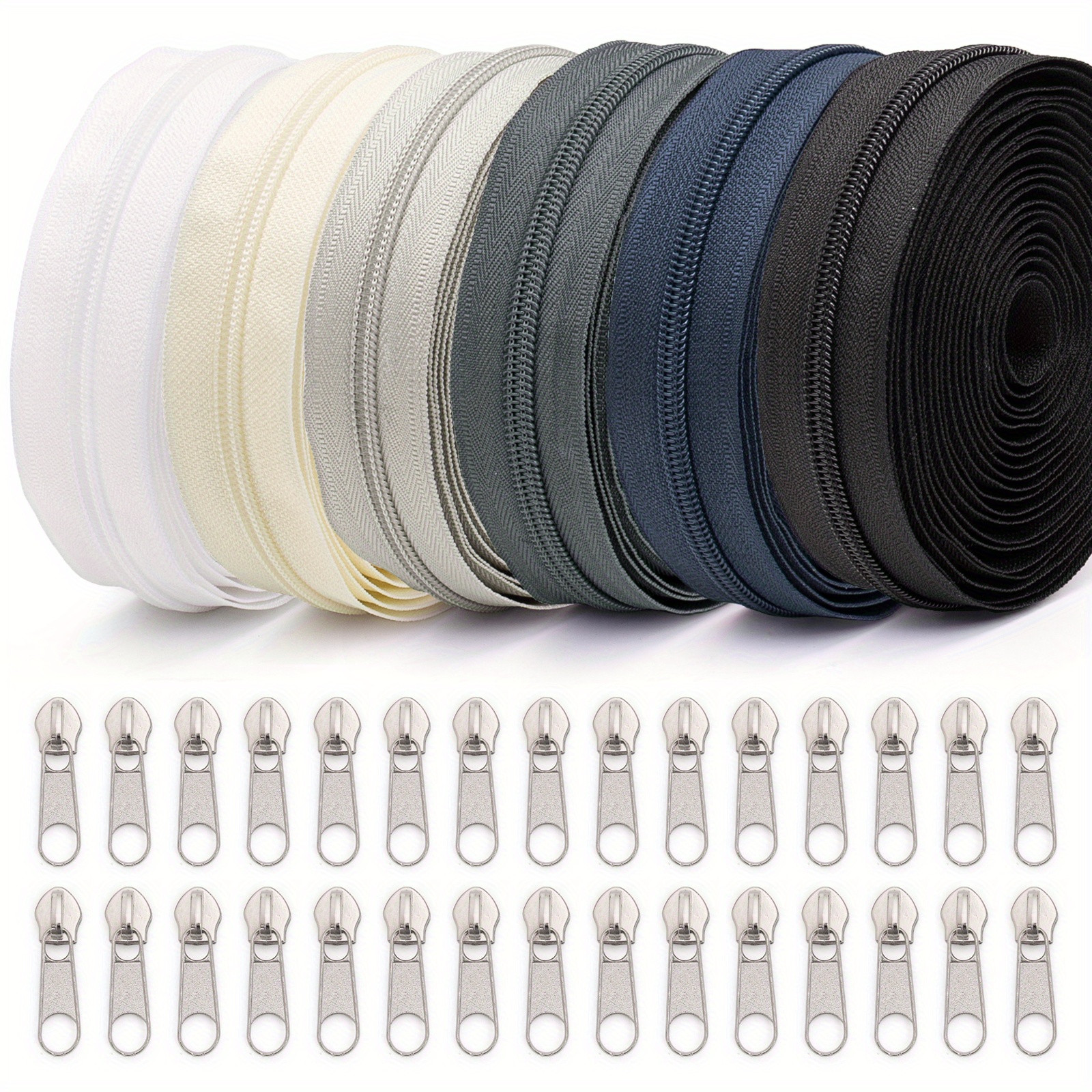 Image of 1 Set, Nylon Zipper 6-color Set, Each Set Contains 6 Colors With 5 Sizes Per Color, Totaling 30 Zippers And 30 Zipper Pulls Per Set. Suitable For Home Sewing Diy Replacement Zippers