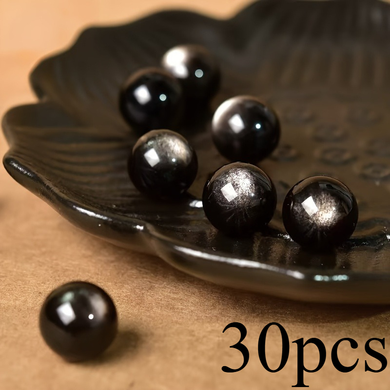 TEMU 30 Silvery Obsidian Loose Beads - 6/8mm Round Stone Beads For , Bracelet And Necklace Making Supplies, Semi-finished Wholesale Beads