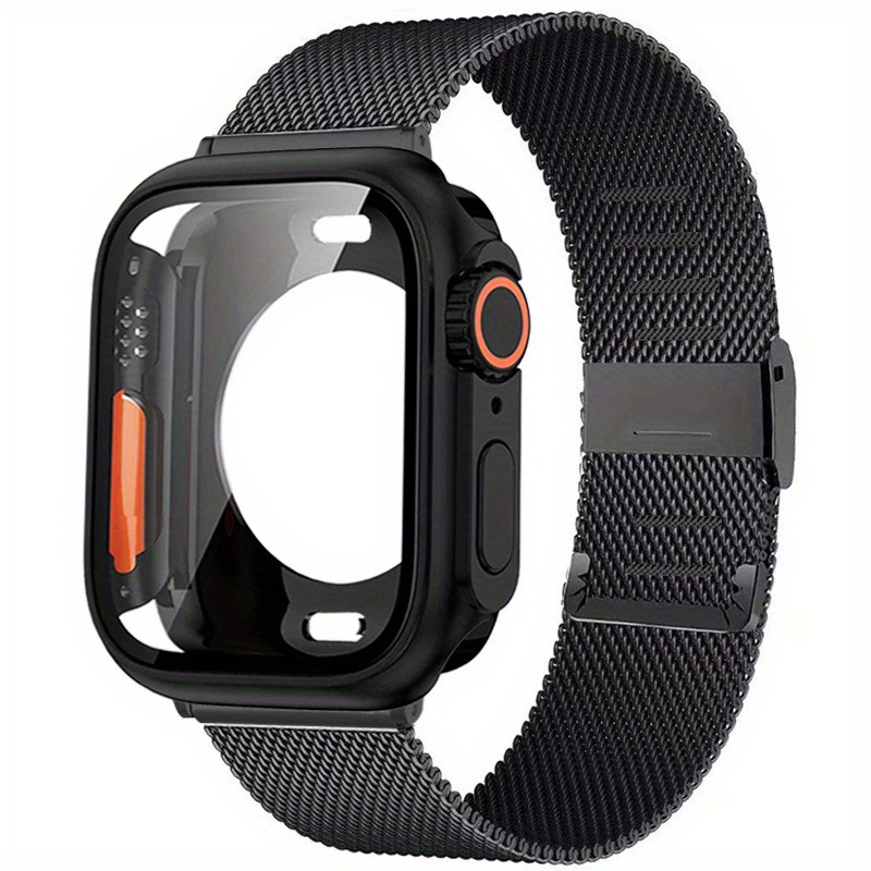 E-shop Milanese Loop Armband 2-in-1 Schutzhülle aus PC für Apple Watch Serie 11 10 SE3 SE 6 5 4 Edelstahl Mesh Uhrenarmband 9H gehärtetes Glas Case für