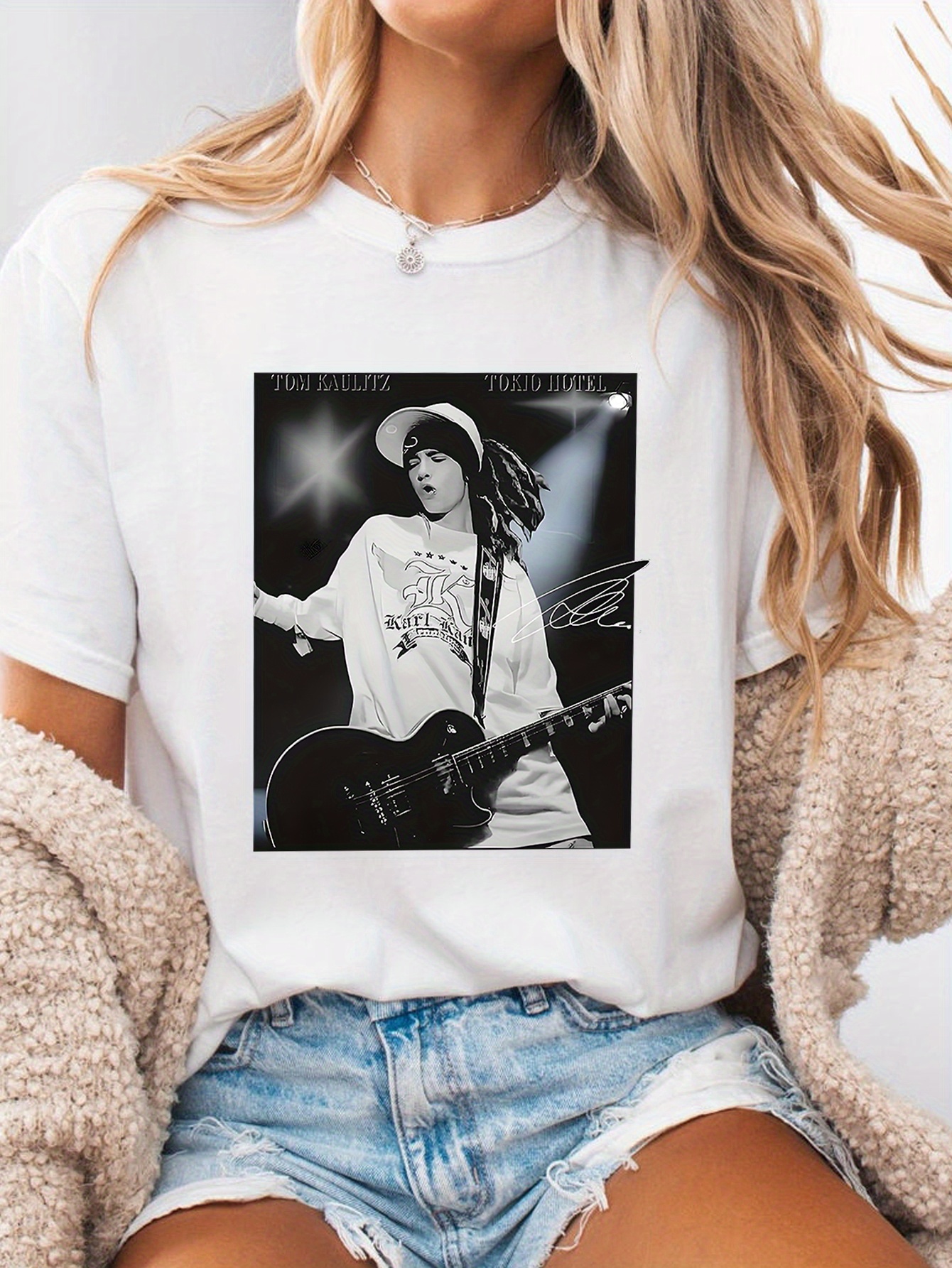 1pc womens casual black t shirt with guitarist print       design short sleeve round neck comfortable   tee    s casual attire or gift   apparel     guitar tshirt white 0