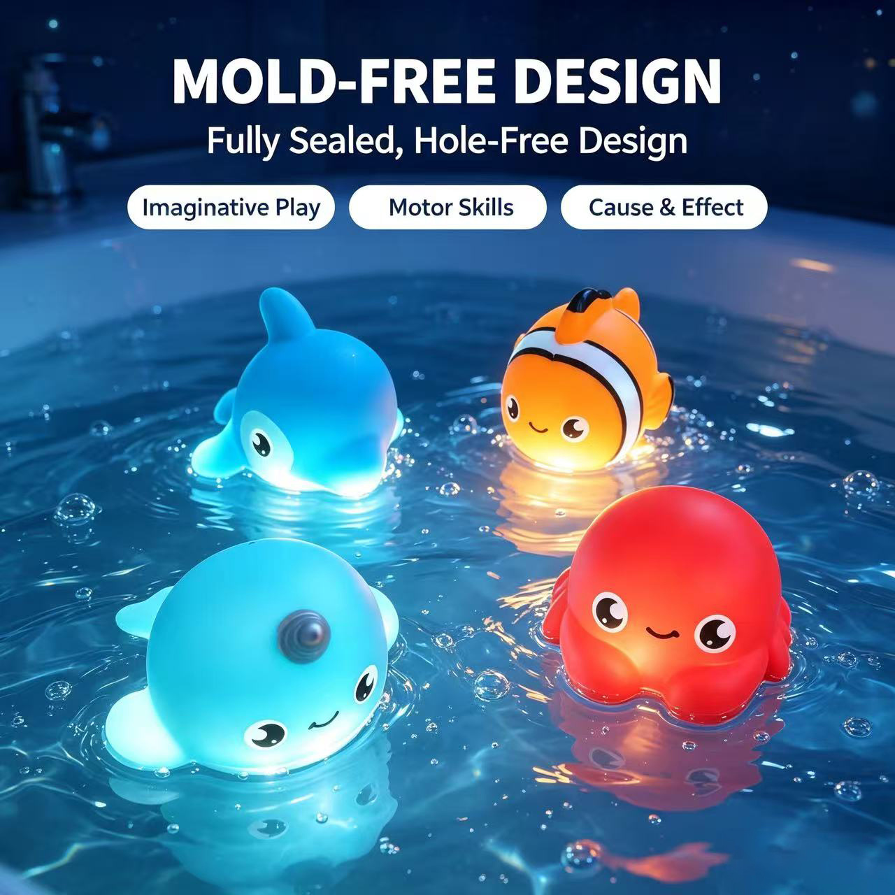 4pcs No-Hole Bath Toys, Light-Up Sea Animals Set