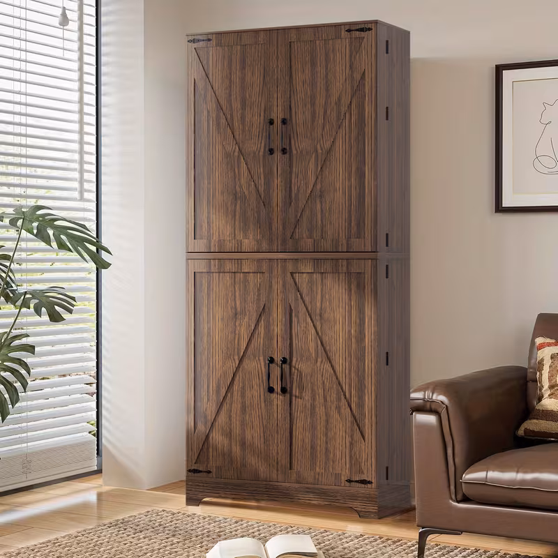 Farmhouse Tall Pantry Storage Cabinet - Freestanding Wood Cabinet with Adjustable Shelves, Brown