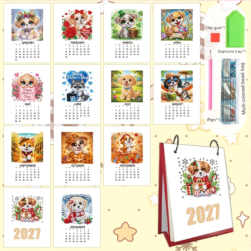 TEMU 1pc 2027 Calendrier Motif Série Vacances Peinture Diamant Chiot , Mini Calendrier de Bureau, Calendrier de Bureau Scolaire, Bureau de Bureau