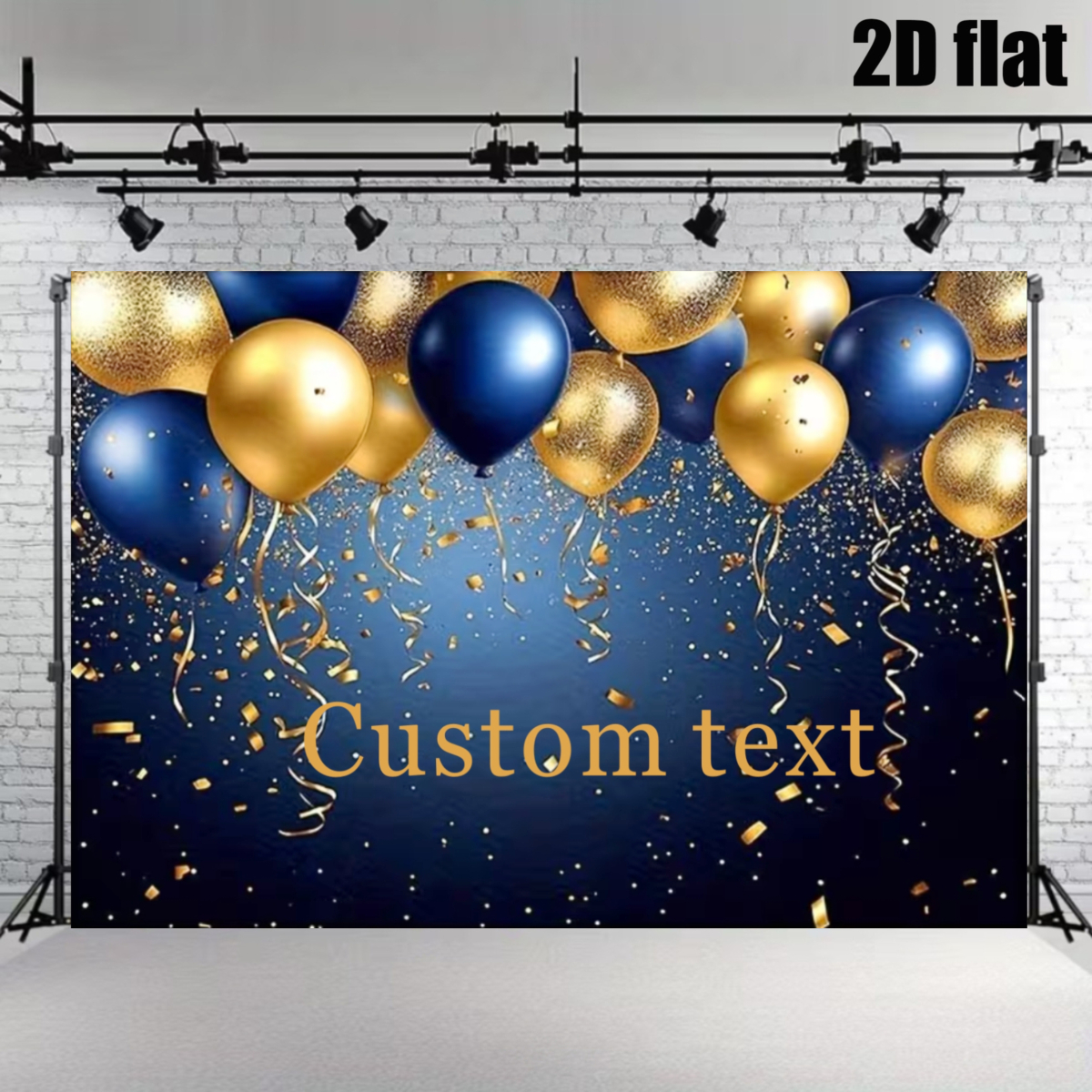 TEMU 2d Flat - 2d Party Flat Banner Blue And Golden Balloons [customizable] - 1pc Large Size Custom Text Multi-functional Party Backdrop, Can Include