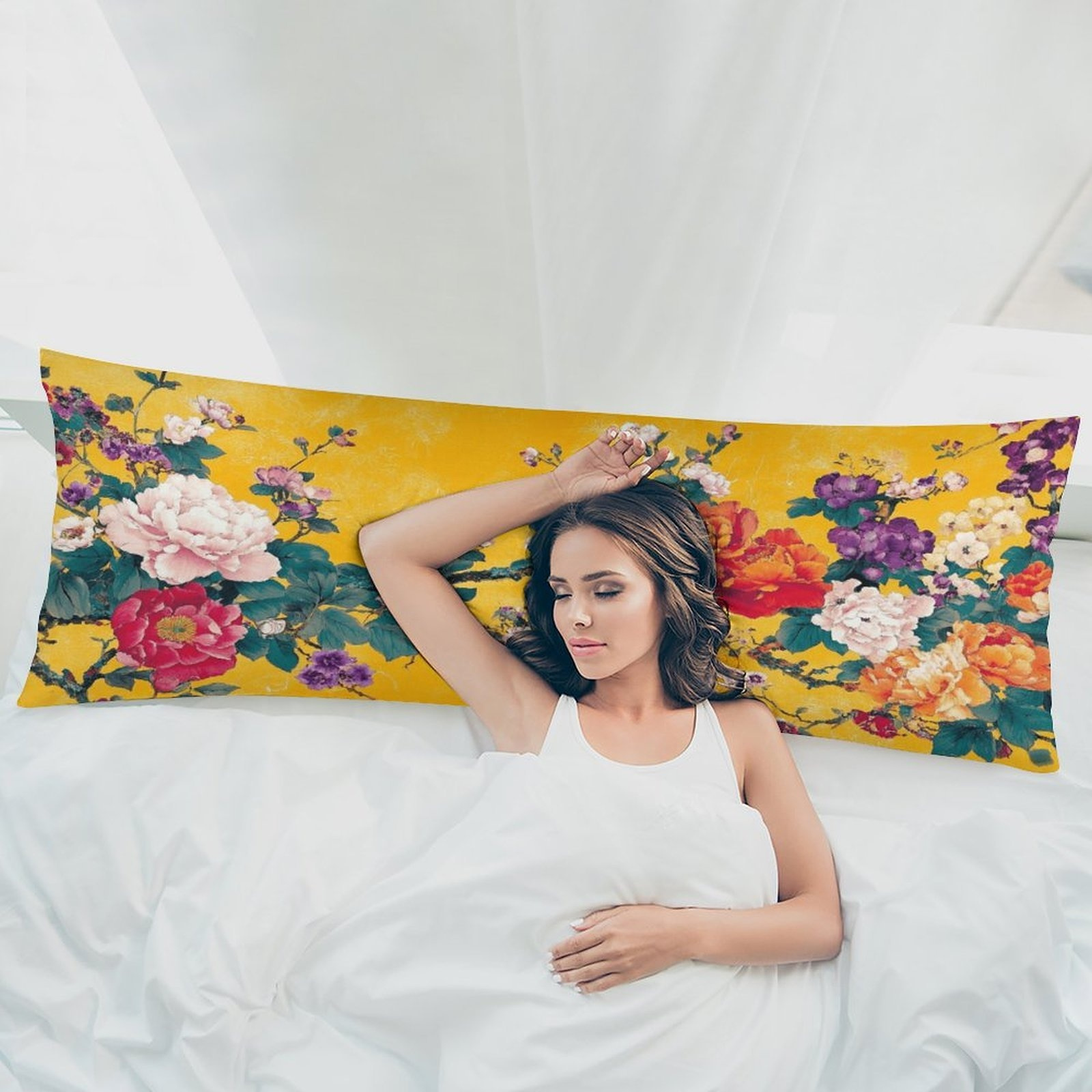 extra long body pillow case mustard yellow   with roses soft plush bed cushion cover for queen king beds sofas machine washable large pillowcase 20x54 inches 51x137  decor accent sofa accessory   style doublesided print bedroom accent fashionable pillowcase durable fabric interior design enthusiasts Product details 2