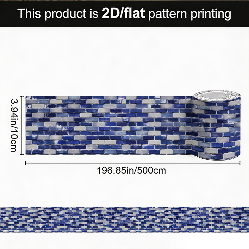 TEMU 1 Roll 2d/flat 10x500cm (3.9x196.9in) Border Sticker/elegant Wall Stickers, Self-adhesive, Blue And White Brick Mosaic Pattern Tile Effect