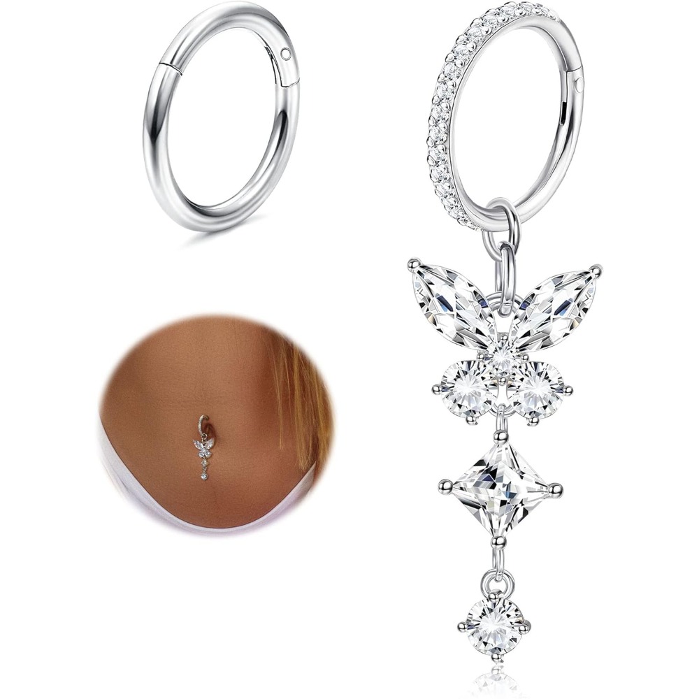 Image of 2pcs Stainless Steel Belly Button Rings | Zirconia Heart And Dangle Silvery Tone, Milocolato Brand For Daily And Party Use