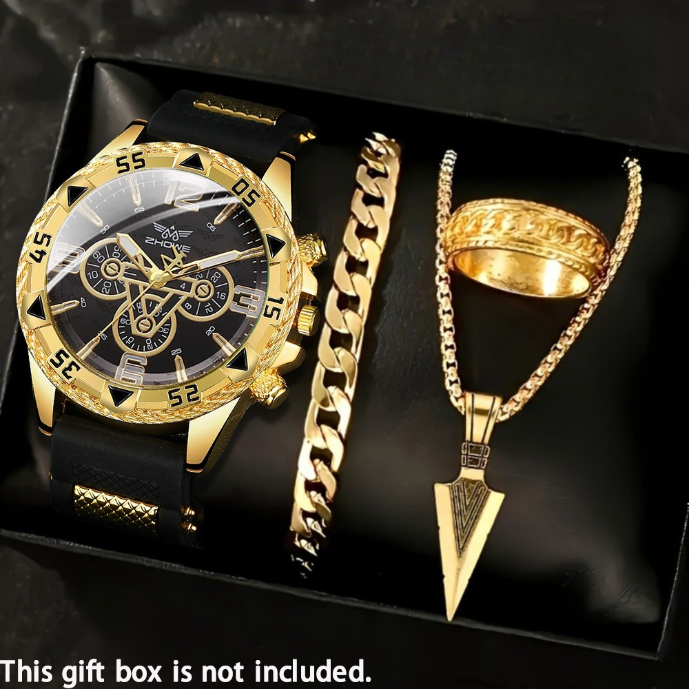 TEMU 4pcs Set Fashion Men's Watches Sets, Silicone Strap Quartz Watch& Casual Necklace, Bracelt, Ring, Quartz Movement- Perfect Valentine's Day,