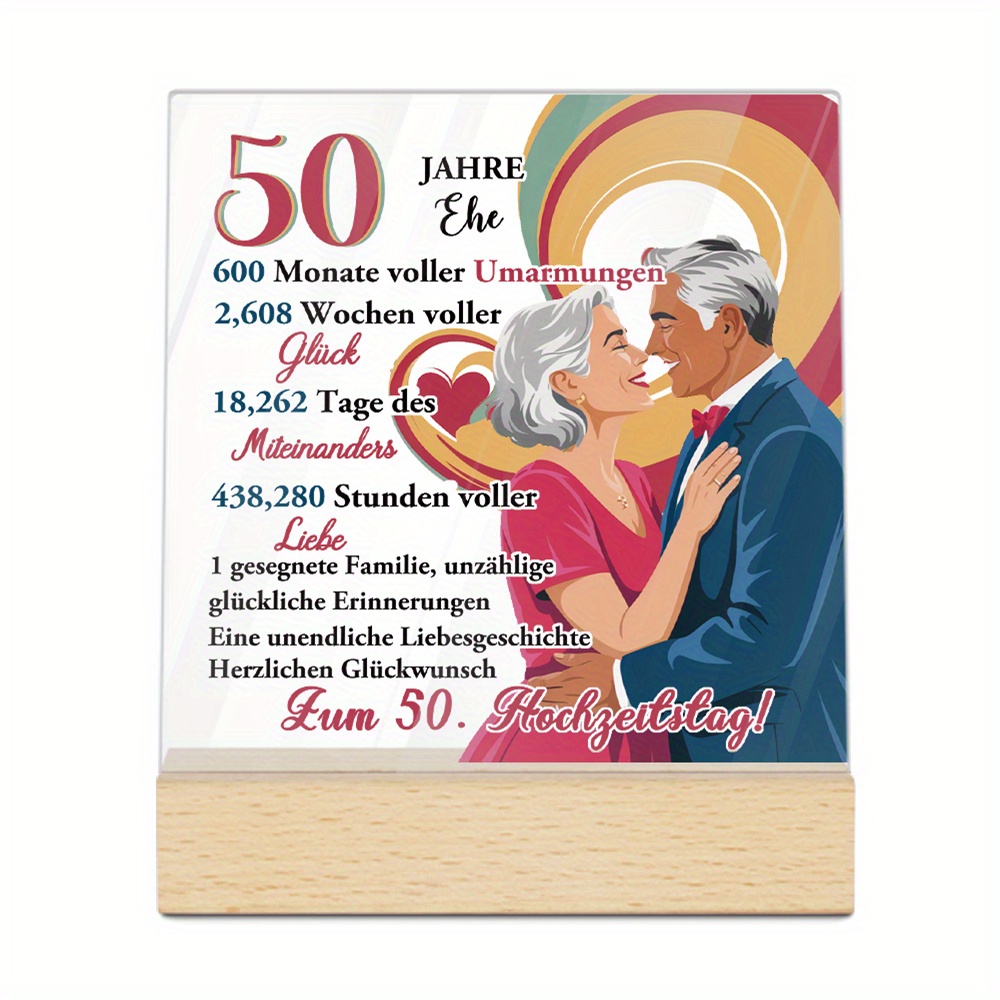 TEMU 2d Flat, 1pc Putuo Decor 50th Anniversary Acrylic Sign With Wooden Base - German Text & English Translation, Contemporary Farmhouse Table Decor