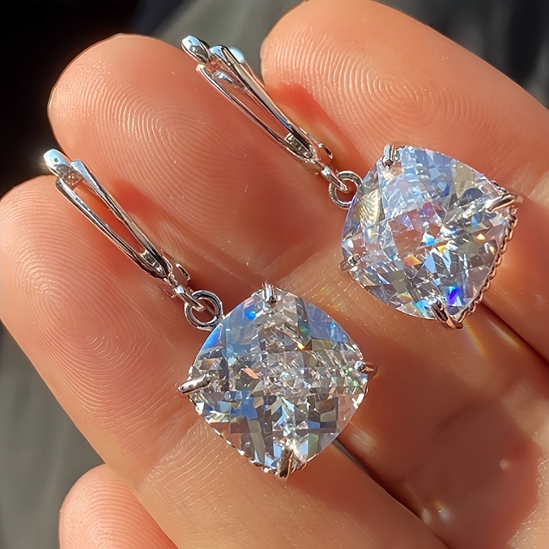 TEMU Pendientes de aro elegantes con incrustaciones de circonita sintética de corte cojín para mujer, accesorios de joyería para banquete, boda, ,