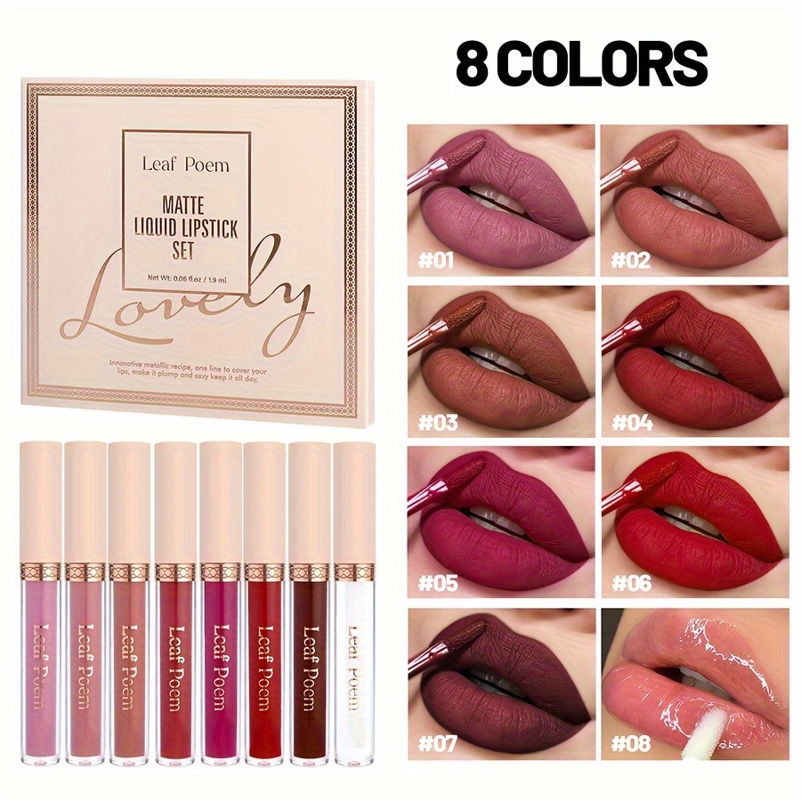 8pcs Matte Liquid Lipstick Set- Waterproof, , Long-lasting Lip Gloss In Brown, Pink, Purple& With Plant Squalane