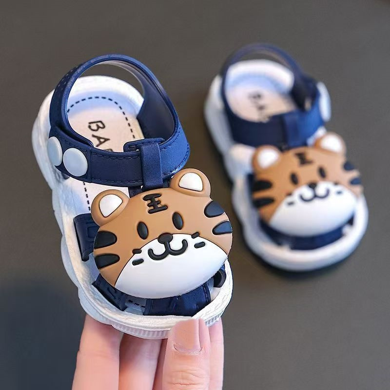 Infant Cartoon Tiger Sandals for Boys and Girls - Summer 2024 Soft Sole Anti-Slip Toddler Walking Shoes with Buckle Closure, Low Top, PVC Upper, Sole and Insole - Baby Protective Toe Cap Sandals