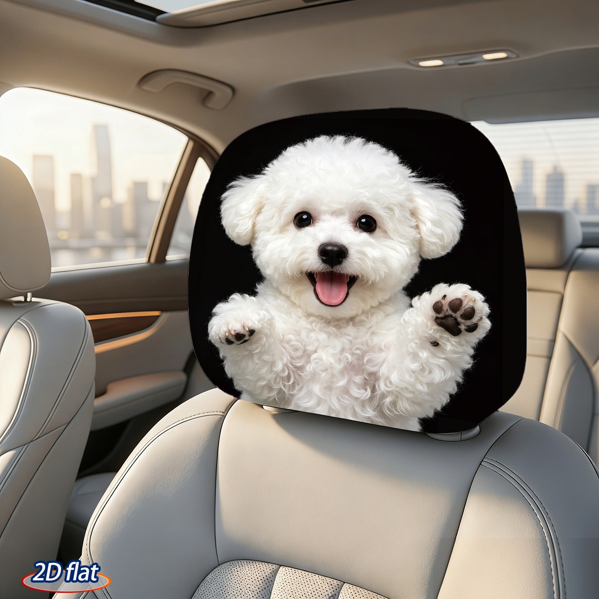 TEMU 2pcs White Bichon Frise, Front-facing Hand Raised Waving Looking At Camera Car Headrest Covers, , 2d Flat, , Easy To Assemble And Wash, Perfect