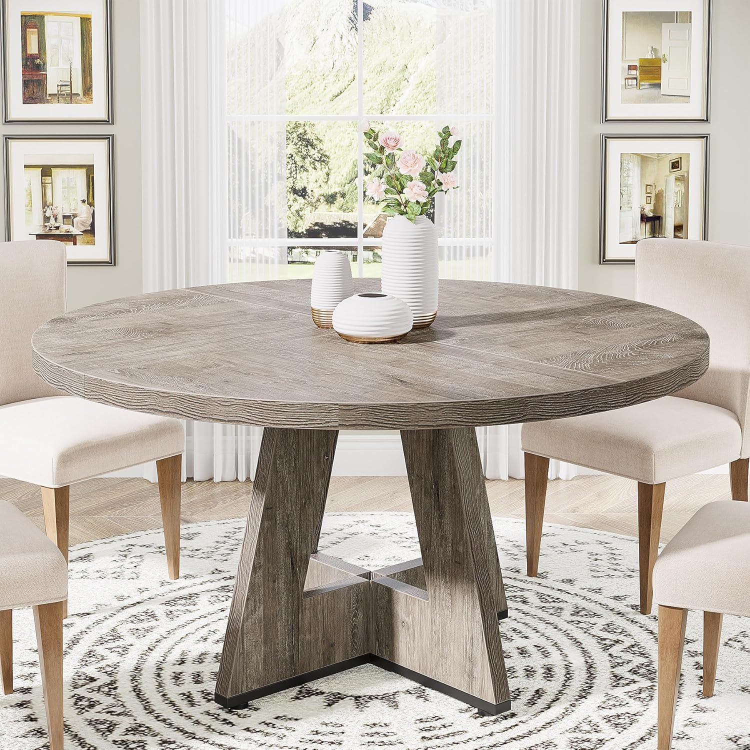 Round Wooden Dining Table Suitable For - 47-inch Farmhouse Round Kitchen Table With Tabletop & Sturdy Legs, Rustic Table For Dining Room, Fits Modern/rustic Decor (table Only)