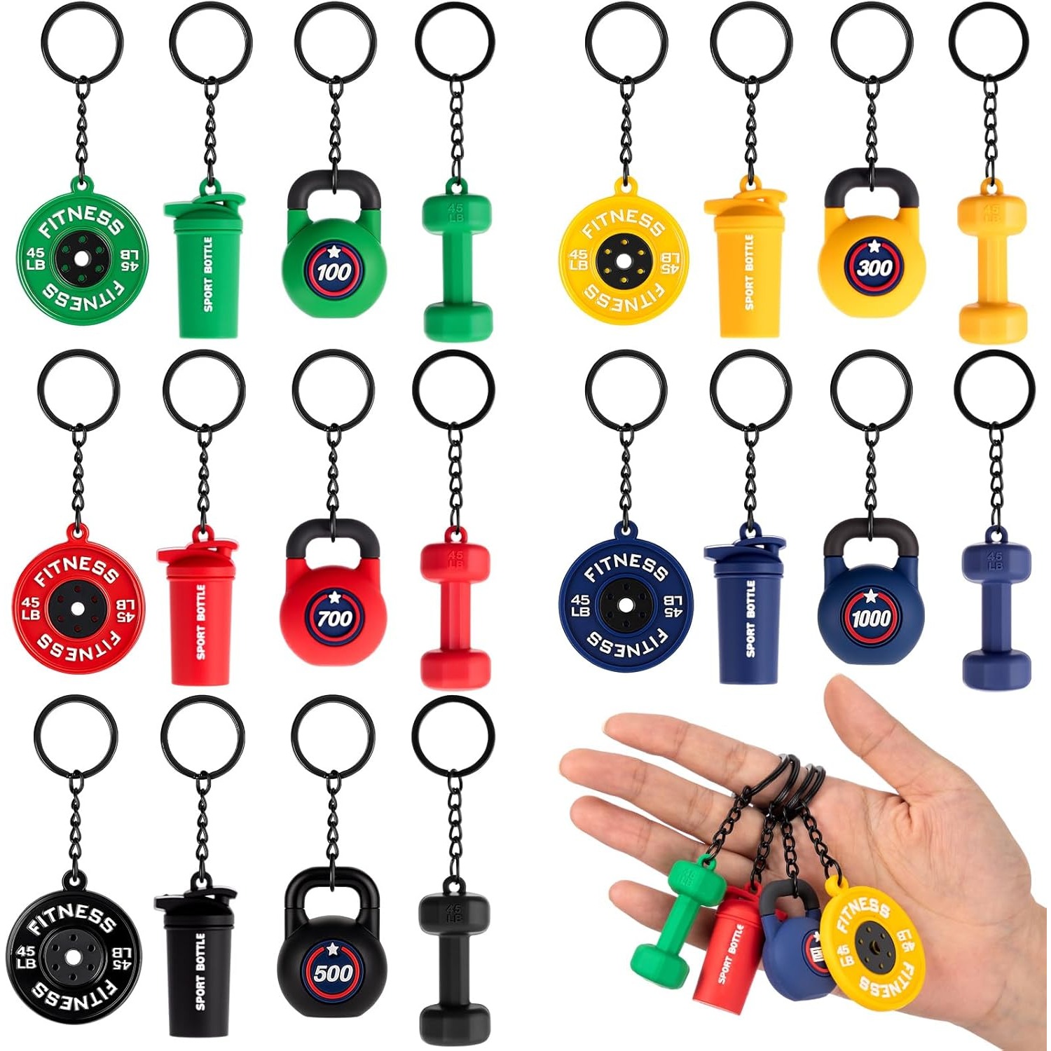 TEMU 20 Piezas Llaveros de Gimnasio con Barra, Mancuernas, Kettlebell y Botella, Llavero de PVC para Levantamiento de Pesas, Regalo de Fitness para