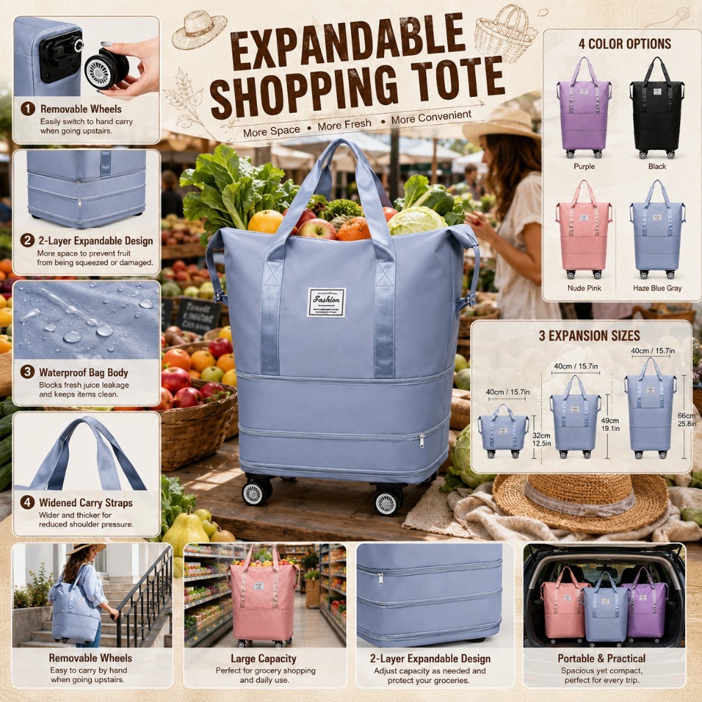 3 expandable wheeled luggage tote bag wear resistant portable handheld rolling bag reusable supermarket shopping cart bag multi purpose travel carry on bag Product details 7
