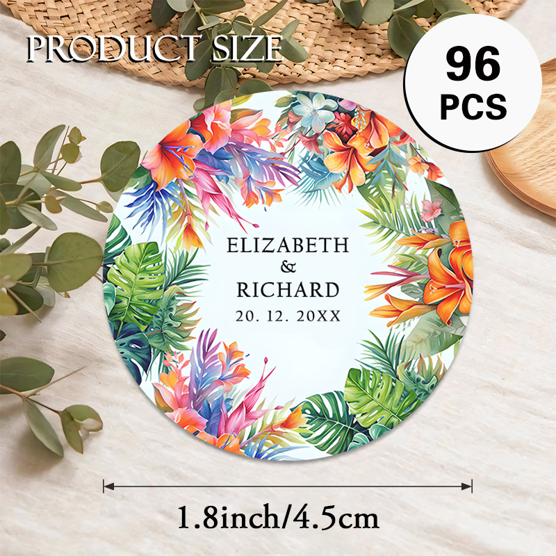 TEMU Autocollants ronds personnalisés disponibles en lots de 48 ou 96 pour les célébrations, avec un design tropical vibrant de fleurs et de verdure.
