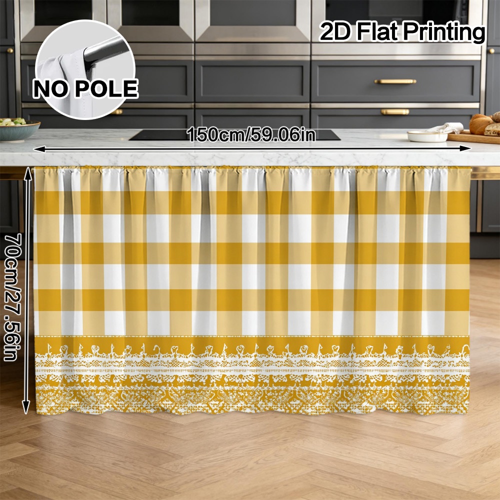 TEMU 2d Flat, 1pc Yellow Gingham & White Lace Curtain Panel - Semi-sheer Rod Pocket Window Drapes Suitable,, Study, Machine Washable Polyester Panel