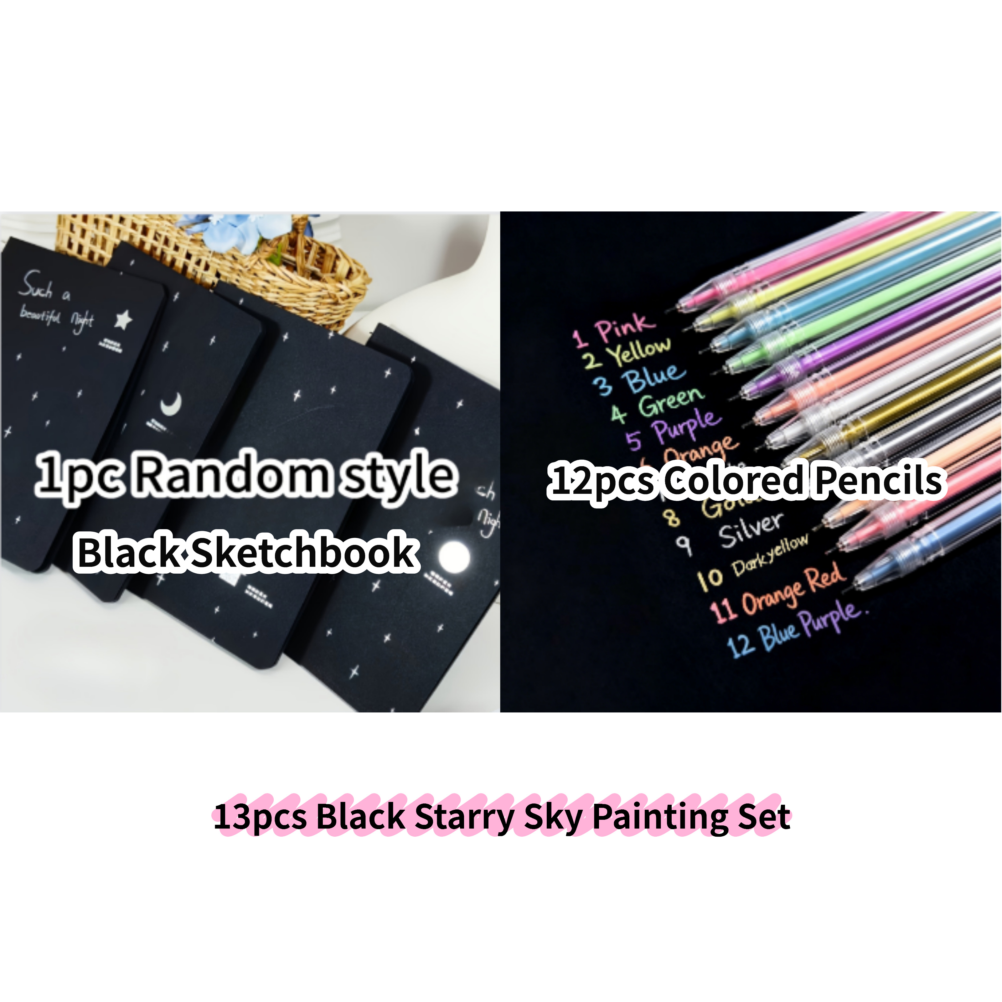 TEMU Black Paper Sketchbook With 12 Colored Metallic Gel Pens, 13pcs Starry Black Drawing Notebook Set, Scrapbooking Journaling Graffiti Painting