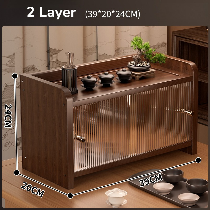 Image of Retro Wooden Glass Storage Cabinet With Shelves - Hardwood Organizer Box For Cosmetics, Souvenirs And Decorations, Desktop Storage Cabinet | Decorative Lace Trim | Glass Door
