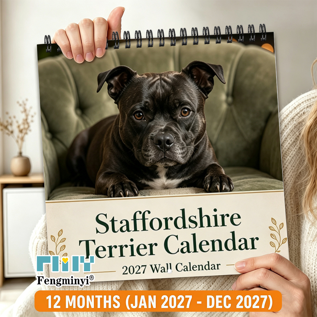 TEMU 2d Flat 2027 Wall Calendar, 1 Book - 2027 Staffordshire Bull Terrier Wall Calendar, 12-month Hanging Calendar, Double-wire Spiral Binding, Large