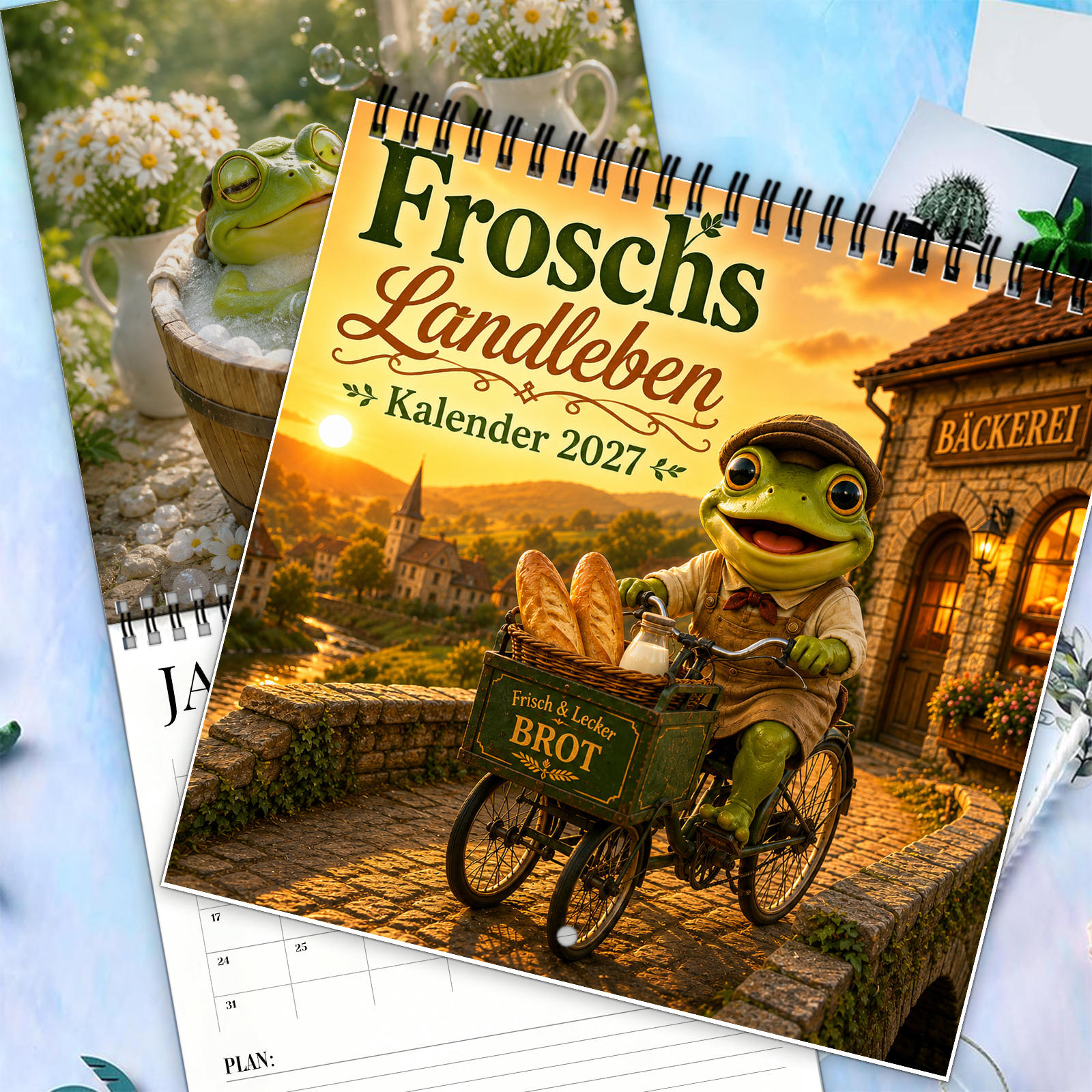 TEMU German 2027 Frog Country Life Wall Calendar, Whimsical Frog Art Photography & Cozy Countrycore Scenery With Monthly Cute , Twin Wire Hanging For